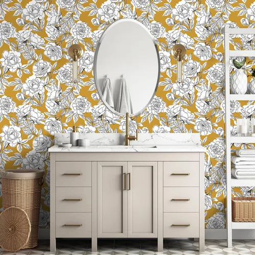 Miniatura 4 de HAOKHOME Papel Tapiz Floral de Despegar y Pegar Boho Extraíble de Vinilo Amarillo/Negro/Blanco para Pared Adhesiva Decorativa para Hogar y Baño