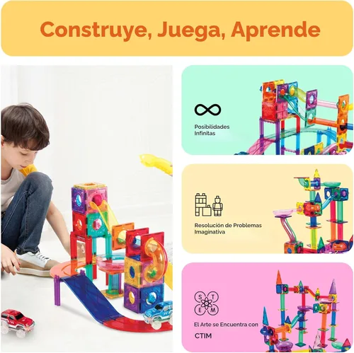 Miniatura 2 de PicassoTiles PTG108 - Juego de 108 piezas de carreras con azulejos magnéticos, autos y canicas, juguete de aprendizaje STEM 3 en 1, kit