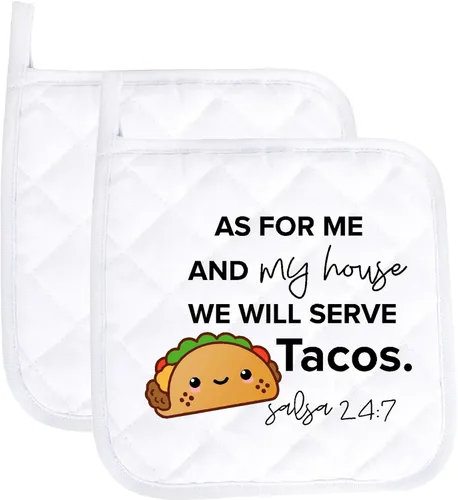 Funny Baking Pot Holders As for me and My House Tacos Salsa Heat Resistant Oven Mitts with Sayings Kitchen Hot Pads Housewarming Gifts Baking Lover