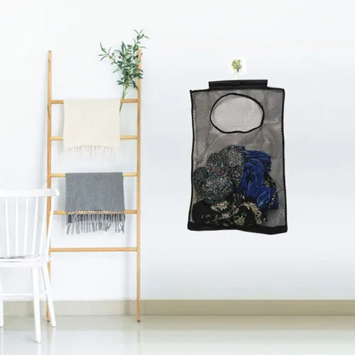 Miniatura 4 de Bolsa de malla para colgar en la puerta, cesta pequeña de lavandería para ahorrar espacio, cesta de ropa sucia con colgador de metal giratorio
