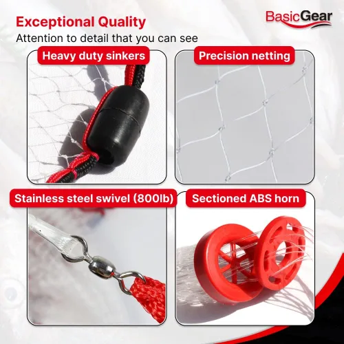 Miniatura 5 de BasicGear Red de Atarraya Radio de 3-12 pies, malla de 3/8 o 1/4 pulgadas para peces de cebo de agua dulce y salada Grado profesional