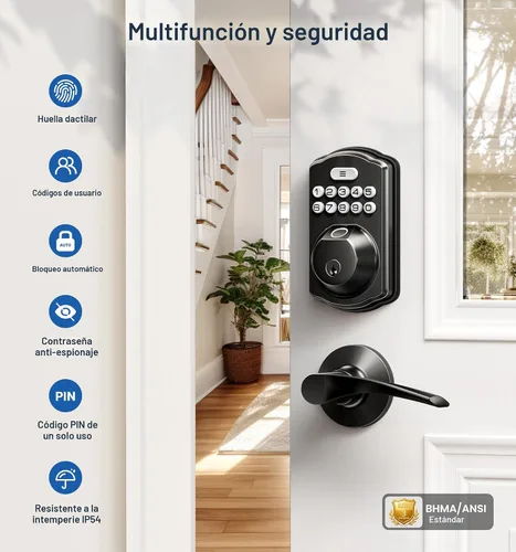 Miniatura 5 de Veise Cerradura de puerta de huellas dactilares con 2 manijas de palanca, cerradura de puerta de entrada sin llave, cerrojo de teclado electrónico