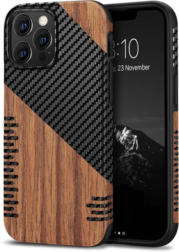 Miniatura 12 de TENDLIN Compatible con iPhone 13 Pro Max, funda de grano de madera con textura de fibra de carbono, funda híbrida de cuero compatible con iPhone 13