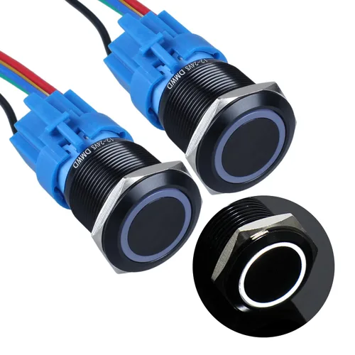 Miniatura 12 de 2 piezas de interruptor de botón de cierre antivandálico de metal impermeable de 0.630 in, carcasa negra autobloqueante con enchufe precableado