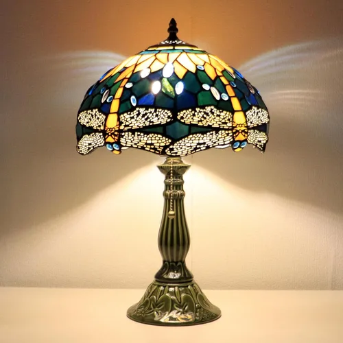Miniatura 10 de Tiffany Lamp Stained Glass Table Lamps Sea Blue Peacock Tail Style Desk Lamp 12X12X18.5 Inch Bronze Ceramic Base Reading Light Suitable for Bedside