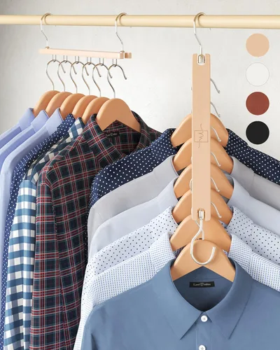 Miniatura 10 de MORALVE Perchas que ahorran espacio para armario, paquete de 4 organizadores de camisas de madera de haya europea de 6 niveles con gancho giratorio