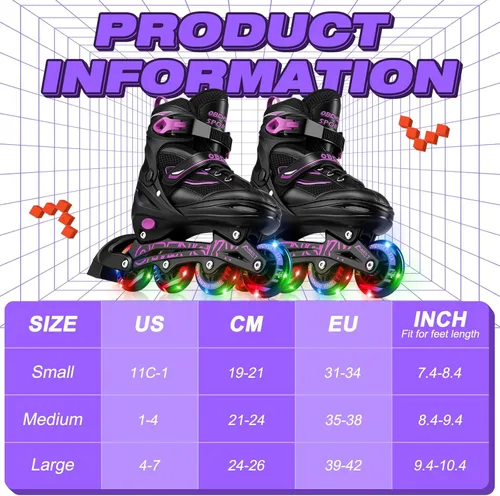 Miniatura 6 de Patines en línea ajustables para niños y niñas de 4 a 12 años, cuchillas de patines para niños con ruedas completamente iluminadas, divertidos