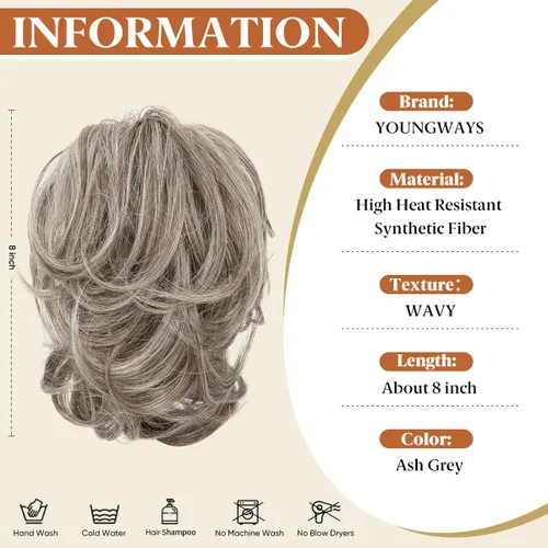 Miniatura 3 de Pinza de pelo con clip de garra, moño corto, pieza de cabello de moño desordenado, extensiones de cabello flexibles, ramificación de cabello Gris