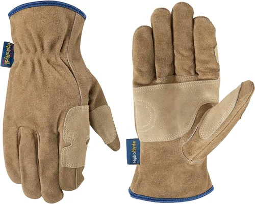 Wells Lamont Guantes de trabajo de cuero HydraHyde para hombre, cuero de vaca dividido resistente al agua, palma reforzada para rancho, cercas y