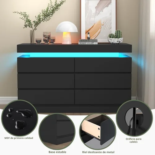 Miniatura 6 de Gyfimoie Cómoda de 6 cajones con toma de corriente, cómoda con luz LED, cómoda moderna de cajones para armario, gabinete organizador de cajones Negro
