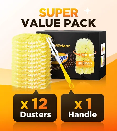 Miniatura 6 de Recargas de plumero resistentes para Swiffer Duster, 12 unidades de recarga de plumero con 1 mango, plumeros multisuperficie de 360° con 4 Naranja