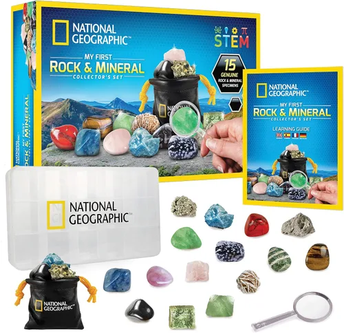 National Geographic Rocks & Mineral Collection - Caja de colección de rocas para niños con 15 piedras preciosas y cristales, geología para niños,