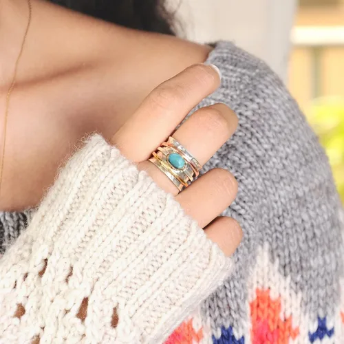 Miniatura 3 de Boho-Magic Anillo giratorio de plata de ley 925 con larimar para mujer con cobre y latón