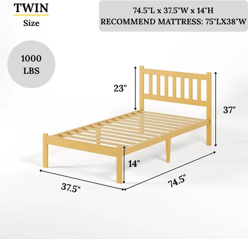 Miniatura 2 de Askeld Base de cama individual de madera con cabecero, plataforma de bambú sólido de 14 pulgadas de alto, no necesita somier, marco de cama
