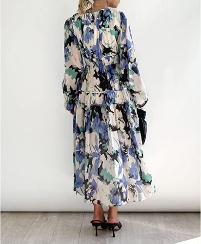 Miniatura 6 de Bowanadacles Women Floral Print Tiered Maxi Dress Puff Sleeve V Neck Smoked Dress Boho Flowy Beach Long Dresses