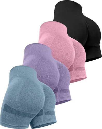 Miniatura 27 de CHRLEISURE Pantalones Cortos de Entrenamiento para Mujer, 4 Paquetes, Cintura Alta, Levantamiento de Glúteos con Fruncido, Pantalones Cortos Booty