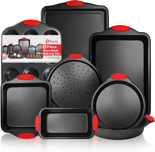 PERLLI Juego de 8 sartenes antiadherentes para hornear, acero al carbono sin BPA con asas de silicona, juego de horno de cocina apilable, bandeja