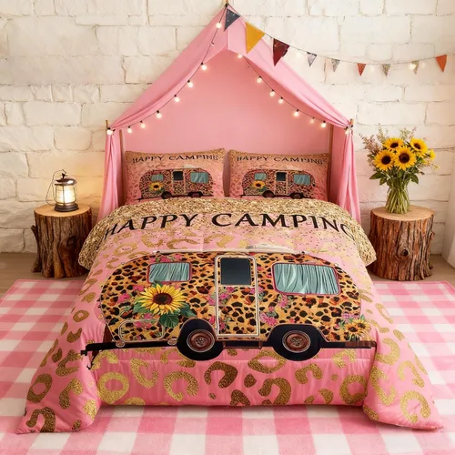 Miniatura 8 de Happy Camping - Juego de edredón de 3 piezas, tamaño Queen, retro, azul, rojo, blanco, rayas de madera, para niños, adolescentes, adultos, Multi 19