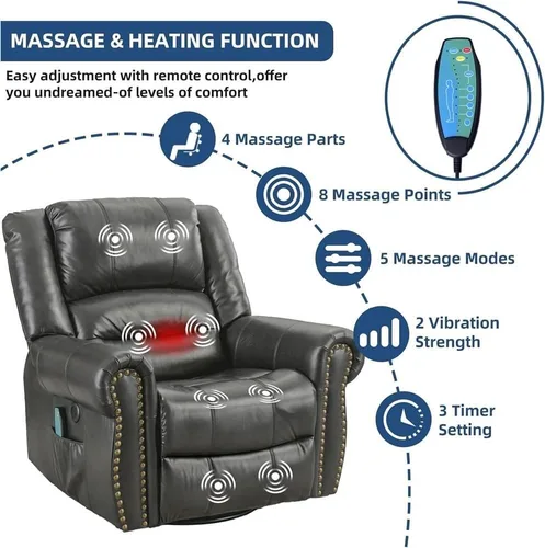 Miniatura 2 de Sillón reclinable giratorio con masaje de calor y vibración, moderno sillón reclinable manual con puerto USB y bolsillos laterales, cómodo sillón