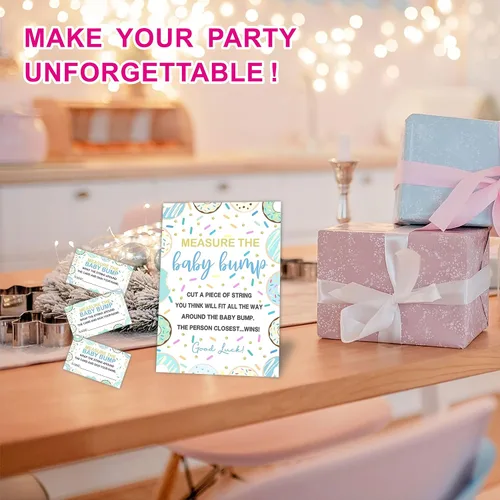 Miniatura 3 de Measure The Baby Bump Juego Set para Baby Shower – Tema de donut How Big is Mommy's Belly Sign, 1 letrero de pie con 50 boletos, revelación