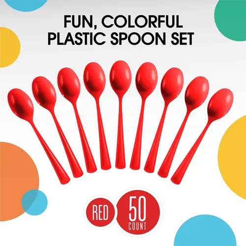 Miniatura 3 de Exquisite Cucharas de plástico rojas, 50 piezas, cucharas rojas, utensilios desechables, juego de cubiertos de plástico resistente, juegos de Rojo