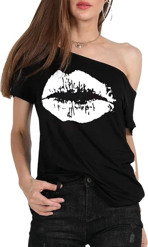 Miniatura 6 de MAGICMK - Camiseta casual para mujer, con estampado de labios y hombro descubierto, talla extragrande