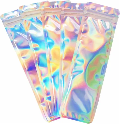 Miniatura 28 de 100 bolsas de embalaje holográficas resellables para pequeñas empresas, embalaje transparente con cierre de cremallera para recuerdos de fiesta