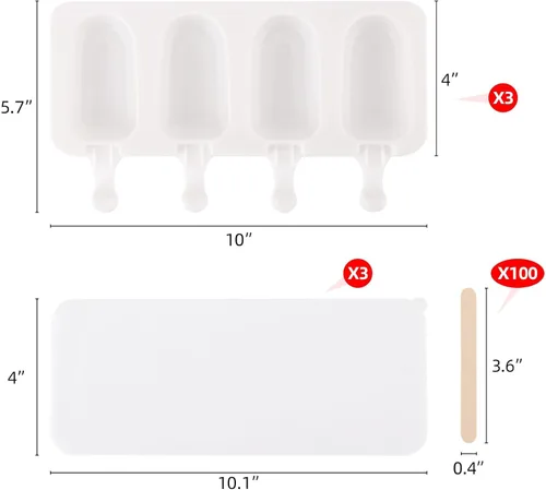 Miniatura 2 de Juego de 3 moldes para paletas con tapas y 100 palitos de paletas de madera, tamaño estándar, 4 cavidades, moldes de silicona para hacer cakesicles