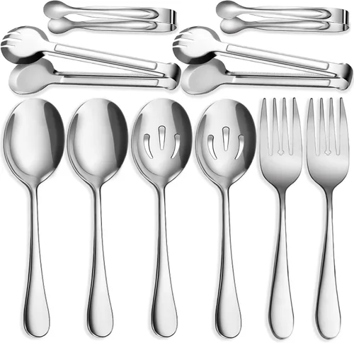 Miniatura 7 de 10 utensilios de acero inoxidable para servir, grandes cucharas ranuradas, tenedores de servir, pinzas para servir, pinzas para azúcar, juego