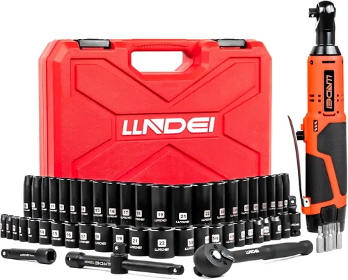 LLNDEI Juego de llave de trinquete eléctrica inalámbrica de 3/8 pulgadas de 58 piezas con juego de dados, llave eléctrica de alta capacidad de 12 V