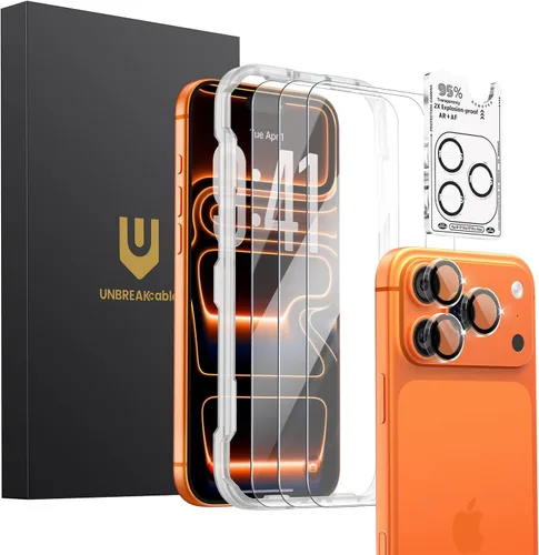UNBREAKcable Paquete de 3 protectores de pantalla para iPhone 17 Pro con protección de cámara, dureza 9H, claridad HD, antihuellas, compatible con