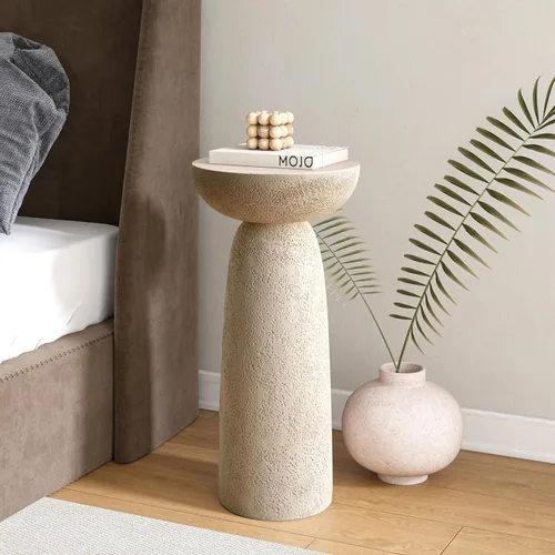 Mesa auxiliar con pedestal, forma redonda moderna para decoración del hogar, inspirada en la piedra con diseño de reloj de arena, mesa auxiliar de