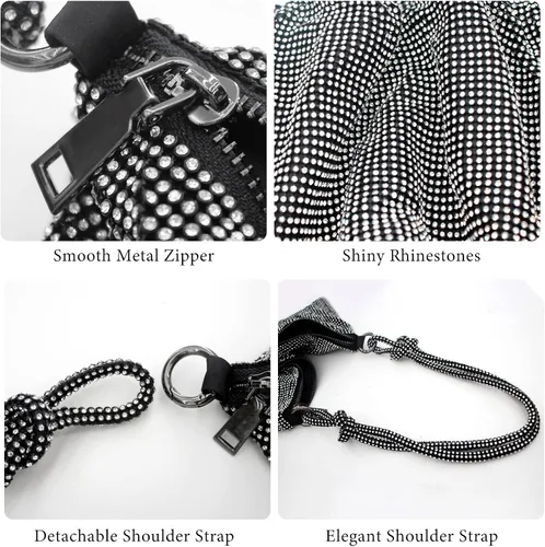 Miniatura 3 de Bolso Hobo plateado con diamantes de imitación, bolso de noche negro brillante para mujer, fiesta de graduación, boda