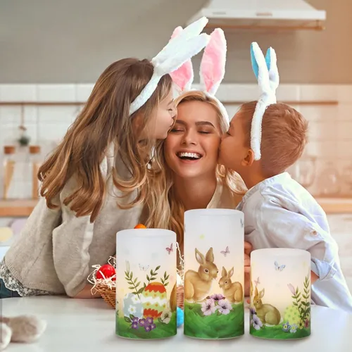 Miniatura 3 de Wondise Velas sin llama de conejo de Pascua con temporizador de 6 horas, velas de pilar a pilas con huevos de Pascua, lirios, velas LED parpadeantes