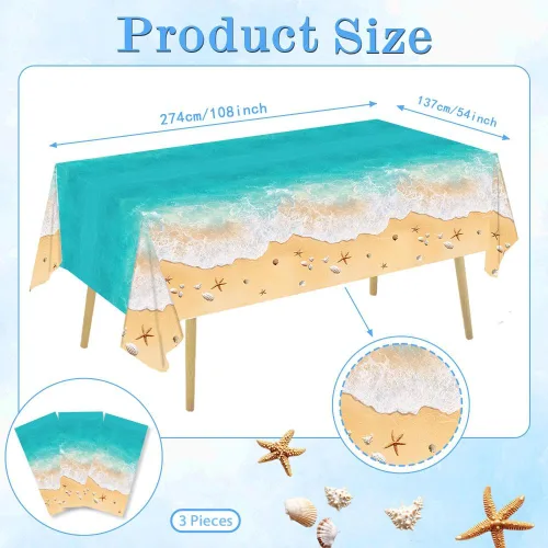 Miniatura 3 de AIBIIN 3 manteles temáticos de playa de verano, decoración de fiesta de piscina con olas del océano, mantel de plástico con estampado de agua