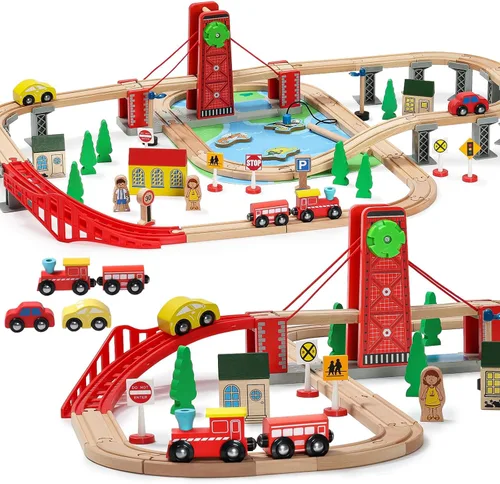 SainSmart Jr. Juego de tren de madera para niños pequeños, pista de tren de madera de doble cara con 4 trenes compatible con Brio, Thomas, Melissa y