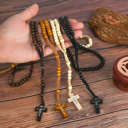 Miniatura 4 de SHAOQINLIN Rosario hecho a mano, 12 cuentas de madera, rosario hecho a mano, 4 colores, cuentas de rosario de madera, impresión de Cristo Jesús