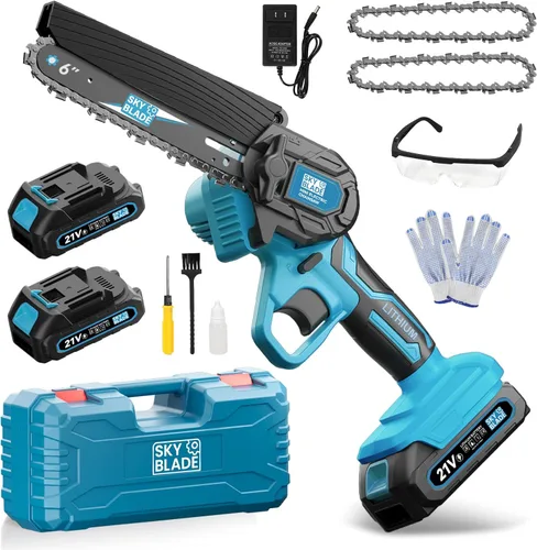 Mini motosierra eléctrica portátil inalámbrica de 6 pulgadas, para cortar madera, poda de árboles, patio, hogar y jardín, color azul