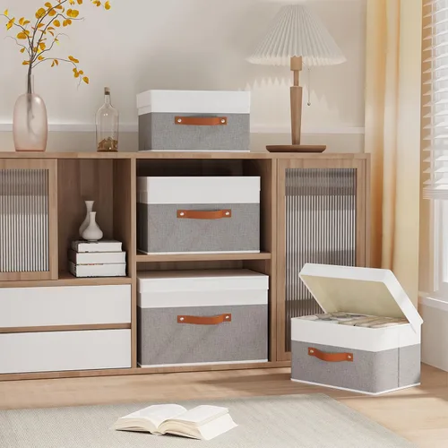 Miniatura 2 de Contenedor de almacenamiento de tela, cesta de almacenamiento con tapas, caja organizadora de armario con asas para zapatos, libros, toallas, blanco