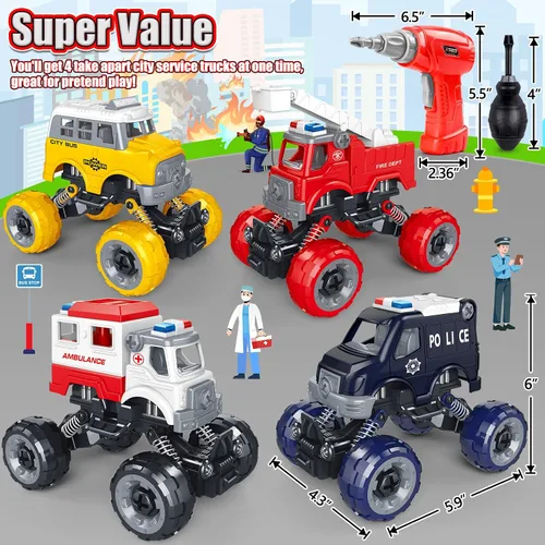 Miniatura 7 de LUDILO - Juguetes para niños de edades de 4 a 6, 5 a 7, 6 a 8: Juego de 4 vehículos urbanos para armar tu mismo: bus, ambulancia, patrullero
