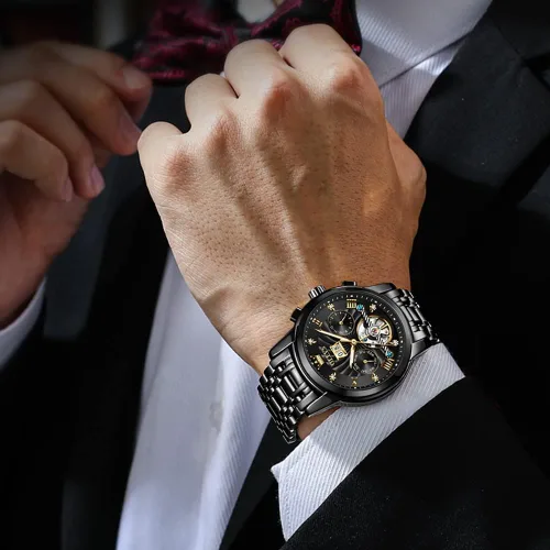 Miniatura 4 de OLEVS Relojes automáticos para hombres, reloj de pulsera mecánico de esqueleto de lujo dorado con cuerda automática, diamante luminoso, impermeable