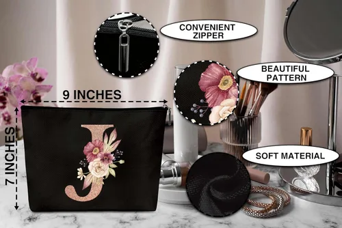 Miniatura 2 de Bolsa de maquillaje personalizada con inicial, bolsas de maquillaje con monograma A - Z, bolsa de aseo cosmético de viaje con letra negra