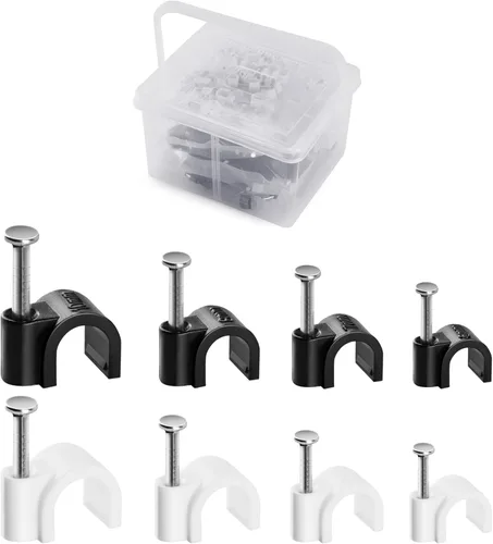 Paquete de 400 clips de cable con kit de clavos de acero, OD: clavos redondos U de 0.236 in/0.276 in/0.315 in/0.394 in (negro y blanco, cada 50