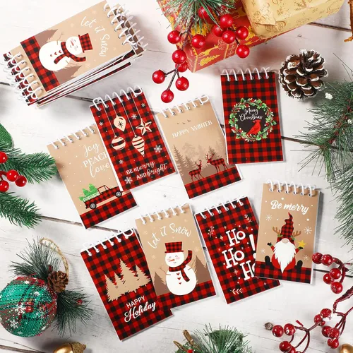 Miniatura 5 de Funrous 24 Piezas Mini Blocs de Notas en Espiral de Navidad, Tema Navideño de Cuadros Búfalo, Mini Bloc de Notas Pequeño con Patrón de Muñeco