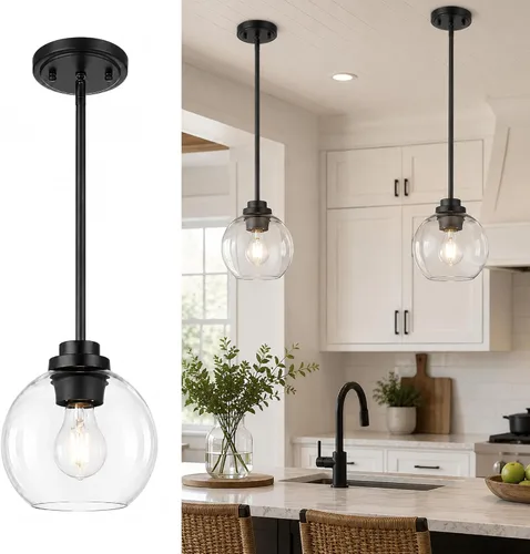 Miniatura 24 de Luces Colgantes de Latón para Isla de Cocina Paquete de 2, Luz Colgante Dorada Estilo Granja con Pantalla de Globo de Vidrio Transparente