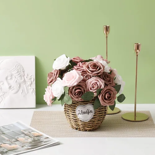 Miniatura 6 de DerBlue 60 rosas artificiales de aspecto real, rosas artificiales de espuma para decoración de bodas, arreglos, fiestas, decoración del hogar