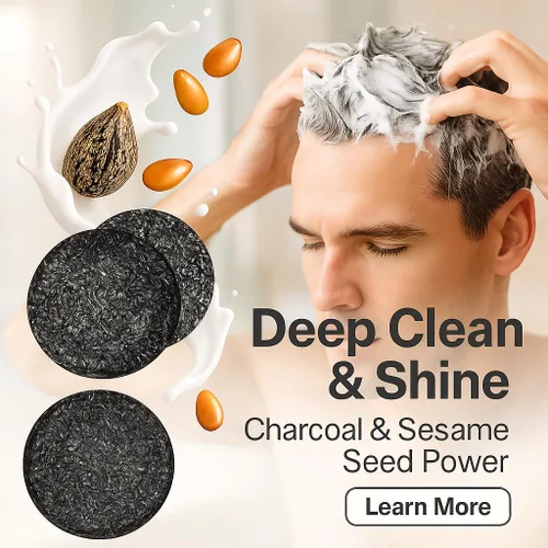Miniatura 2 de Set de jabón negro herbario para el cabello, con extracto de ginseng, polvo de carbón y semilla de sésamo, aspecto oscuro natural, apoya el cabello