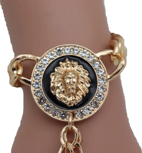 Miniatura 4 de Pulsera de cadena de mano para mujer, diseño de león, anillos de esclavo, metal dorado, Metal