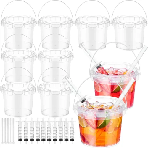 Miniatura 9 de Willinglong Juego de 20 cubos de plástico transparente de 16 onzas para bebidas con pajitas, tapas y jeringas para bebidas, tazas de café helado