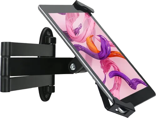 Soporte de pared para tableta, brazo giratorio ajustable, cerradura de seguridad antirrobo y llave, plegable, rotación 360°, negro